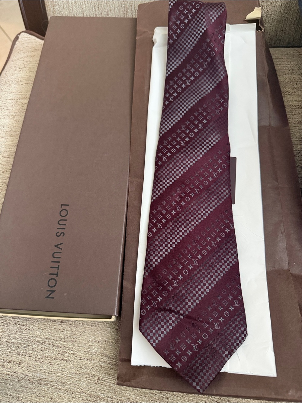 Louis Vuitton Burgundy and Gray Diagonal Monogram Silk Tie